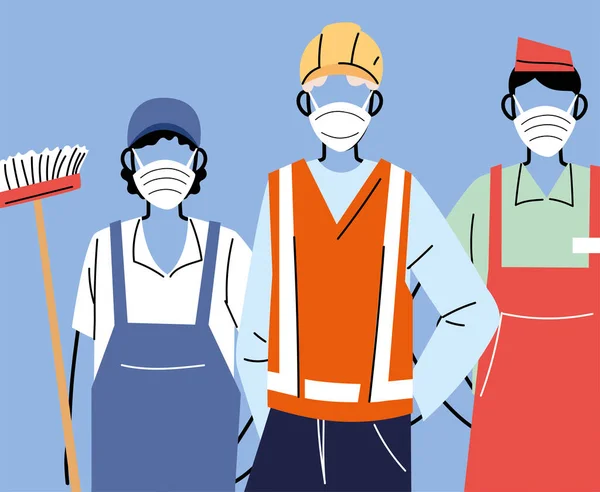 Grazie lavoratori essenziali, varie occupazioni persone che indossano maschere facciali — Vettoriale Stock