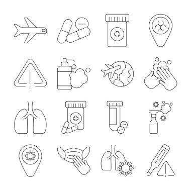 Bir dizi simge koronavirüs koruması, koruyucu önlemler, koronavirüs belirtileri, çizgi biçimi simgesi