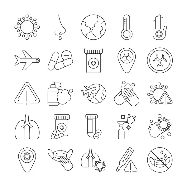 Set of icons coronavirus protection, protective measures, coronavirus symptoms, line style icon — Stock Vector