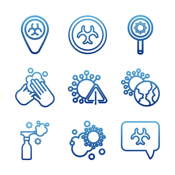Set of icons coronavirus protection, protective measures, coronavirus symptoms, degraded line style icon — Stock Vector