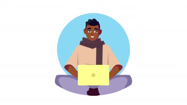 Afro man przy użyciu laptopa siedzącego w animacji podłogowej — Wideo stockowe