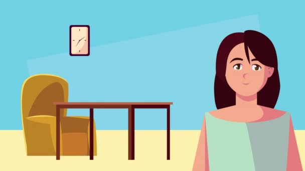 Vrouw in woonkamer verblijf thuis campagne animatie — Stockvideo
