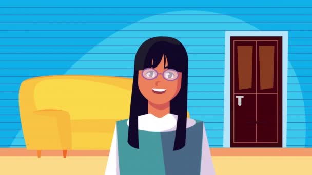Kvinna i vardagsrummet scen stanna hemma kampanj animation — Stockvideo