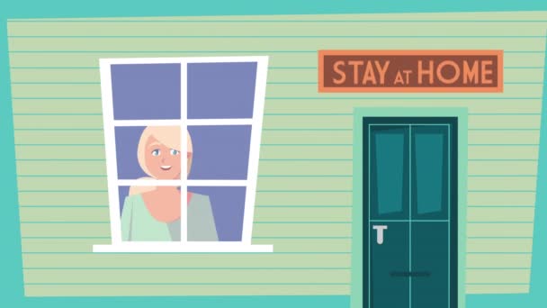 Kvinna i huset vistelse hemma kampanj animation — Stockvideo