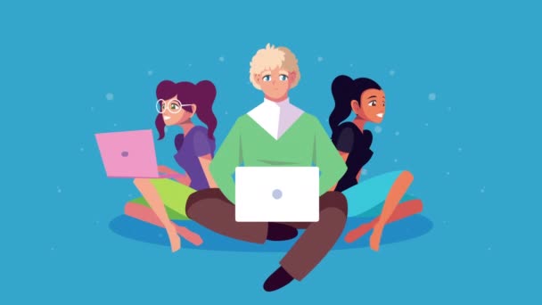 Women using laptops seated in floor animation — Stock Video