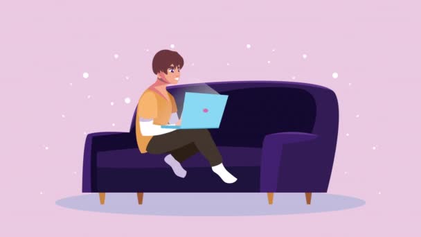 Άνθρωπος που χρησιμοποιεί το laptop εργασία στο σπίτι animation εκστρατεία — Αρχείο Βίντεο