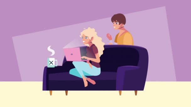 Пара с помощью ноутбуков работают на домашней анимации кампании — стоковое видео