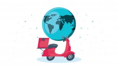 Teslimat servisi motosikleti ve Dünya Gezegeni animasyonu