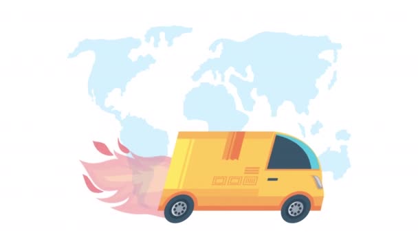 Servicio de entrega van y tierra planeta animación — Vídeos de Stock