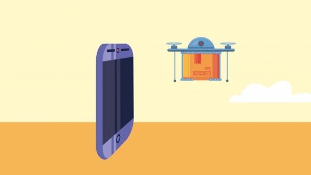 Caja de servicio de entrega en animación dron y smartphone — Vídeo de stock