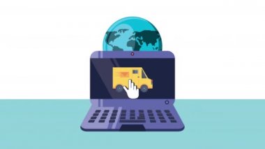 Laptop ve Dünya Gezegeni animasyonunda servis kamyonu