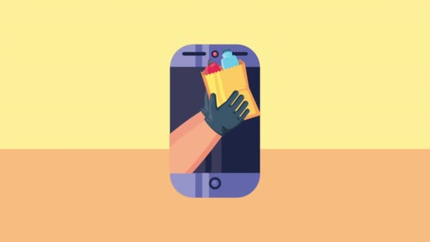 Servicio de entrega manos levantando comestibles en la animación de teléfonos inteligentes — Vídeo de stock