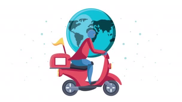 Lieferservice-Mitarbeiter in der Motorrad- und Erdplaneten-Animation — Stockvideo