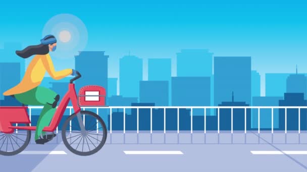 Працівник служби доставки на велосипеді на дорожній анімації — стокове відео