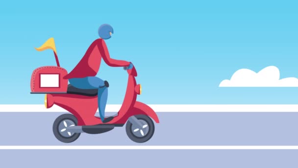 Delivery service worker in motorcycle on the road animation — Stock Video