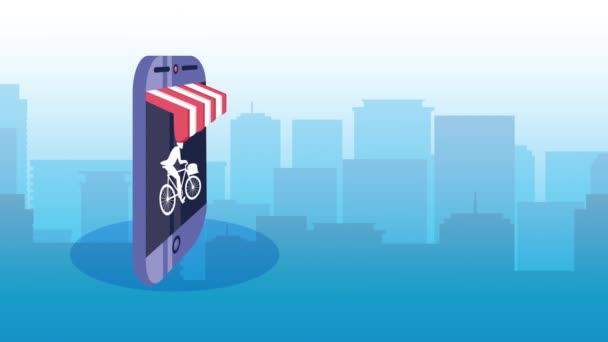 Trabalhador de serviço de entrega em animação de bicicletas e smartphones — Vídeo de Stock