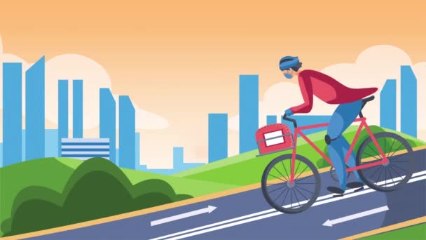 Servicio de entrega de trabajadores en bicicleta en la animación vial — Vídeo de stock