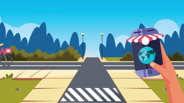 오토바이를 타고 배달하는 사람 과 스마트폰 애니메이션을 보는 사람 — 비디오