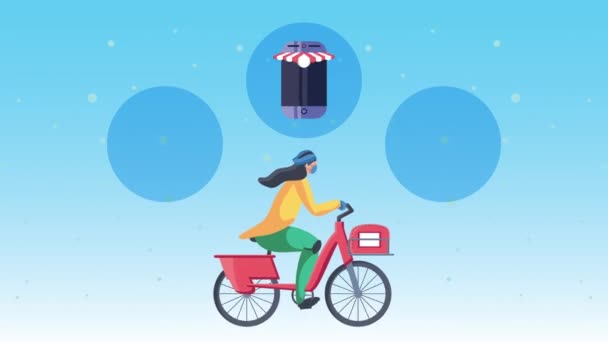 Trabajador de servicios de entrega en animación de bicicletas y dispositivos electrónicos — Vídeo de stock