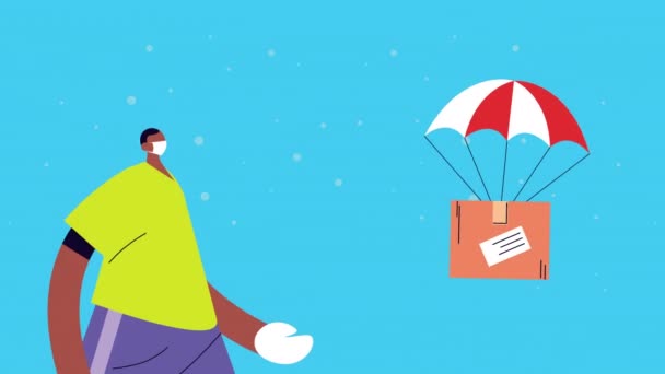 Leverans servicearbetare med låda i fallskärm animation — Stockvideo