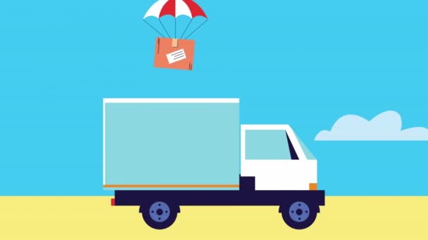 Pengiriman layanan truk dan animasi parasut — Stok Video