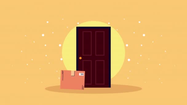 Leverans service kvinna med låda i dörren animation — Stockvideo