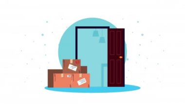 Elinde sprey şişesi dezenfektan ve kutular vardı.