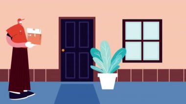 Evin kapısında kutu olan servis elemanı animasyonu