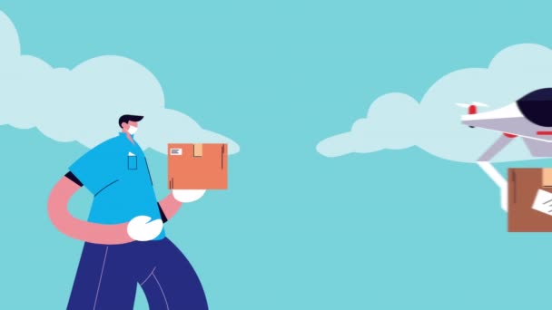 Leverans service drönare med låda och arbetstagare animation — Stockvideo