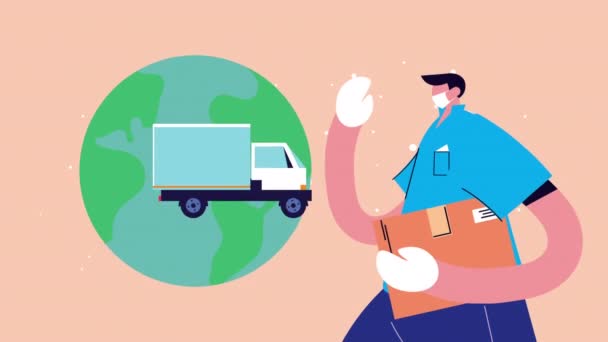 노동자들 과 지구의 애니메이션을 실은 배달 트럭 — 비디오