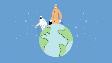 Dünya gezegeninde biyo-koruma giysileri ve dezenfektan spreyleri olan işçiler