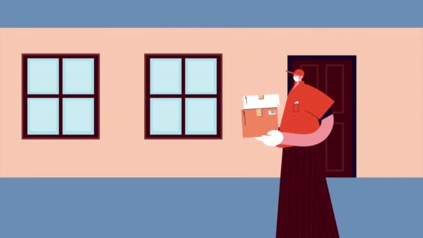 Delivery service worker with box in the house door animation — Stock Video