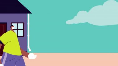 kutu ve sosyal uzaklık animasyonu ile dağıtım hizmeti çalışanı