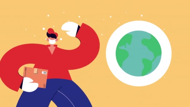 Lieferservice-Mitarbeiter mit Box und Erde-Animation — Stockvideo