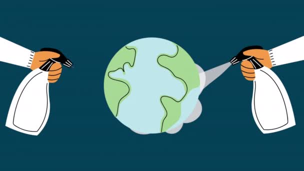 Руки с дезинфицирующим средством для баллончиков и планетой Земля — стоковое видео