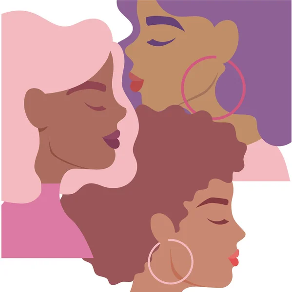 Porträtt av vackra kvinnor, unga multietniska kvinnor i profil — Stock vektor