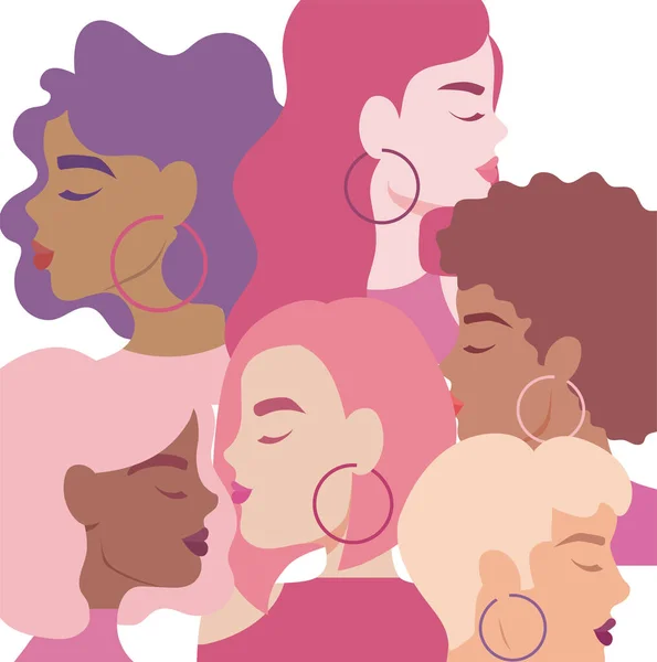 Porträtt av vackra kvinnor, unga multietniska kvinnor i profil — Stock vektor