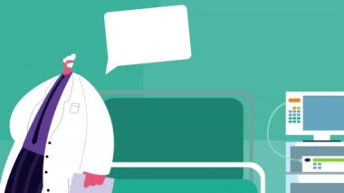 Doktor Covid19 ve konuşma balonu için tıbbi maske takıyor.