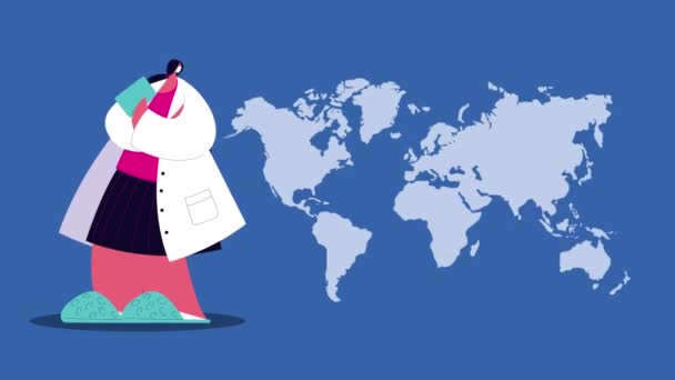지구와 지구를 위해 의료용 마스크를 쓰고 있는 여성 의사 — 비디오
