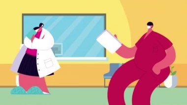 Doktor çift hastane koridorunda kovid19 için tıbbi maske takıyor.