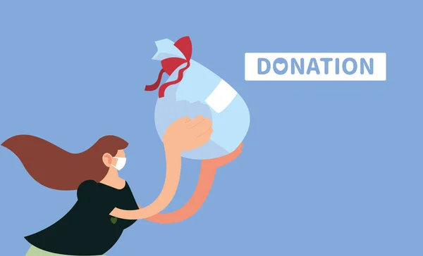 Mujer con máscara y comida para donar — Vector de stock