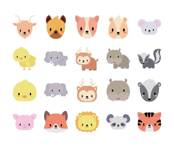 Conjunto de iconos animales bebé kawaii, icono de estilo plano — Vector de stock