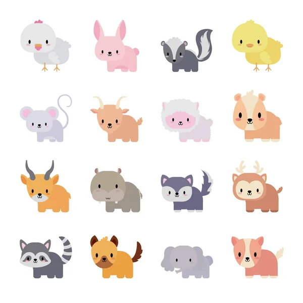 Ensemble d'icônes animaux bébé kawaii, icône de style plat — Image vectorielle