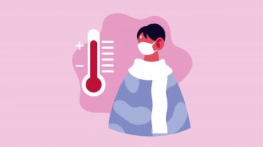 Erkek hasta termometreyle kovid19 için tıbbi maske takıyor.