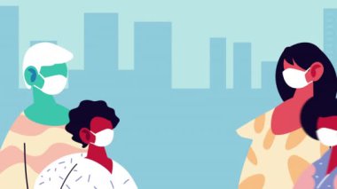 Şehirde kovid19 için tıbbi maskeler takan insanlar.