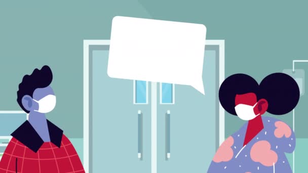 Casal de pacientes usando máscaras médicas para covid19 com bolha de fala — Vídeo de Stock