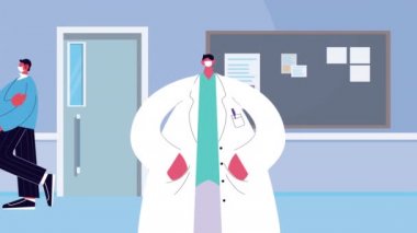 Doktor ve hastalar kovid19 koruma için tıbbi maske takıyor.