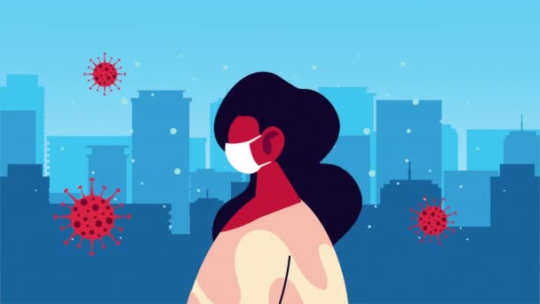 Orang perempuan mengenakan masker medis untuk keinginan di kota — Stok Video