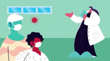 Kadın doktor ve hastalar kovid19 için tıbbi maske takıyor.