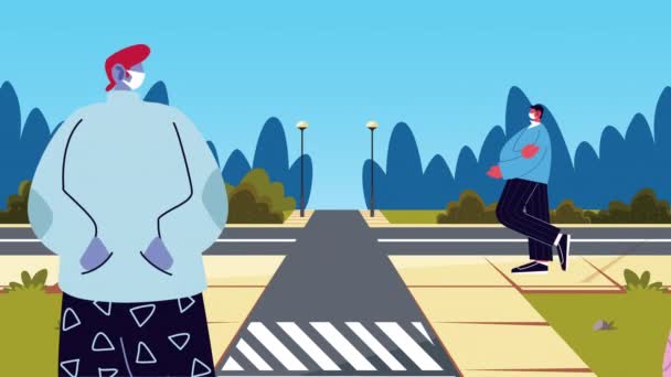 Paar trägt medizinische Masken für Covid19 auf der Straße — Stockvideo